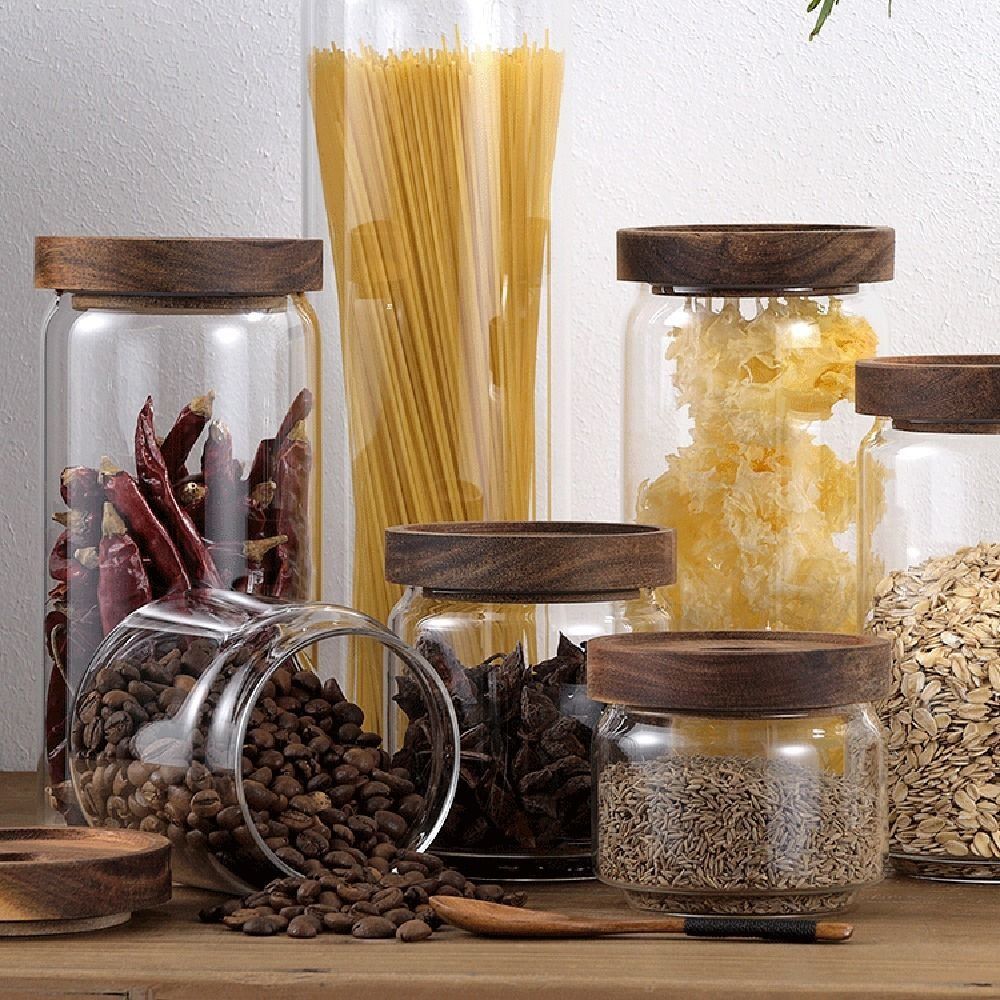 Coffee Tea And Sugar Canister Set - Stoples Kaca Serbaguna dengan Tutup Kayu